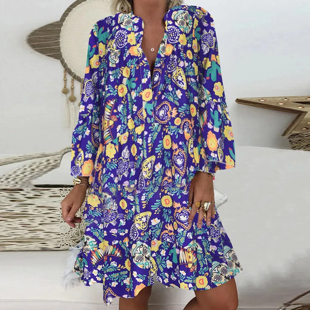 FashionSierra - 2024 Elegant Sexy Long Sleeve Floral V-Neck Boho Dress