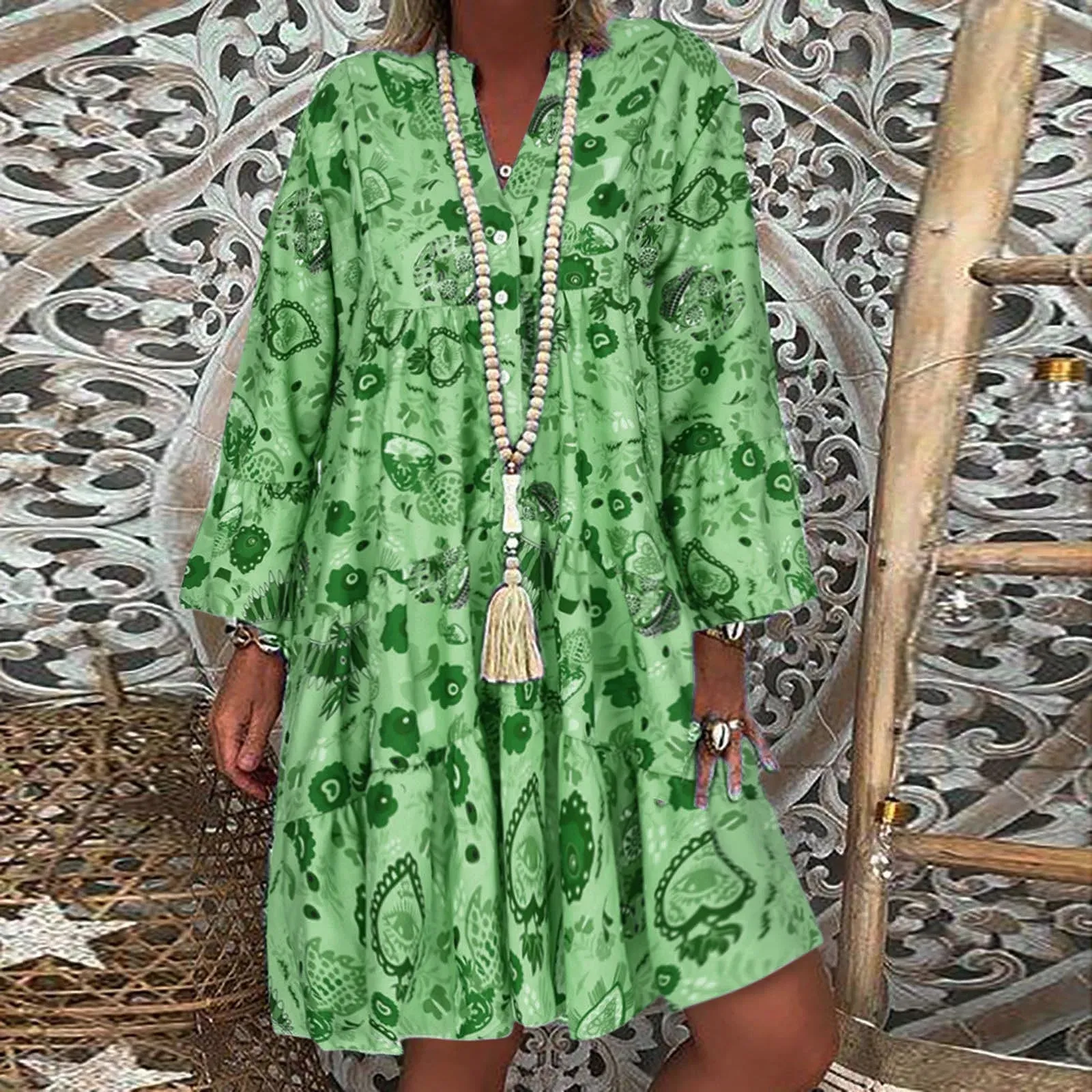 FashionSierra - 2024 Elegant Sexy Long Sleeve Floral V-Neck Boho Dress