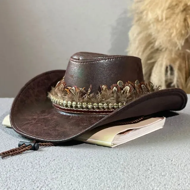 Faux Leather Vintage Feather Western Cowboy Hat