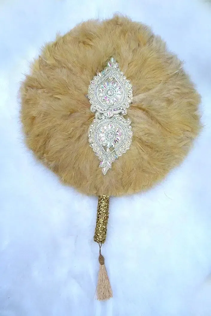 Feather Bridal Wedding Handfan - PrestigeApplause Champagne Gold Round Design