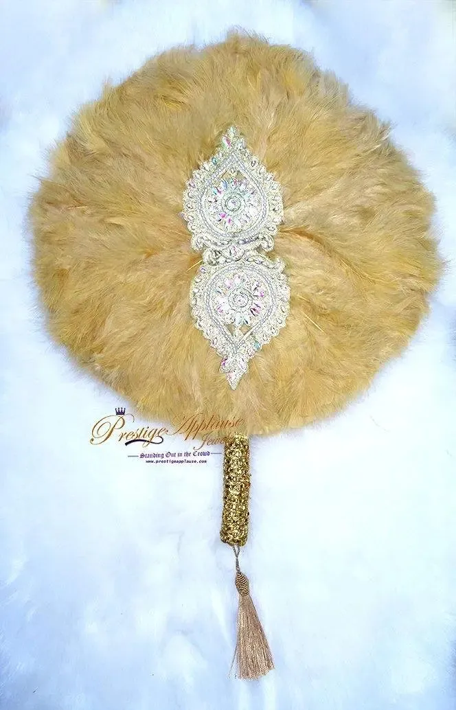 Feather Bridal Wedding Handfan - PrestigeApplause Champagne Gold Round Design