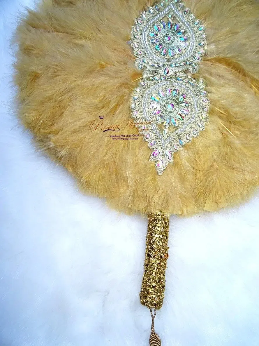 Feather Bridal Wedding Handfan - PrestigeApplause Champagne Gold Round Design