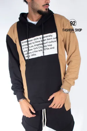 FELPA BLACKSVNDAY ''STREETWEAR'' BICOLORE CON CAPPUCCIO E SCRITTA ANTERIORE BEIGE / NERO