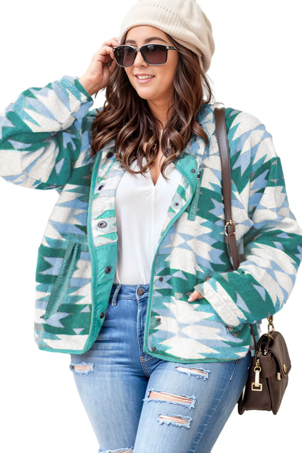 Fiery Red Geometric Aztec Pattern Plus Size Fleece Jacket