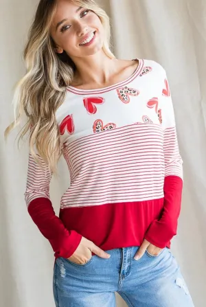 FINAL SALE -  Ivory Red Valentine Heart & Stripe Color Block Top