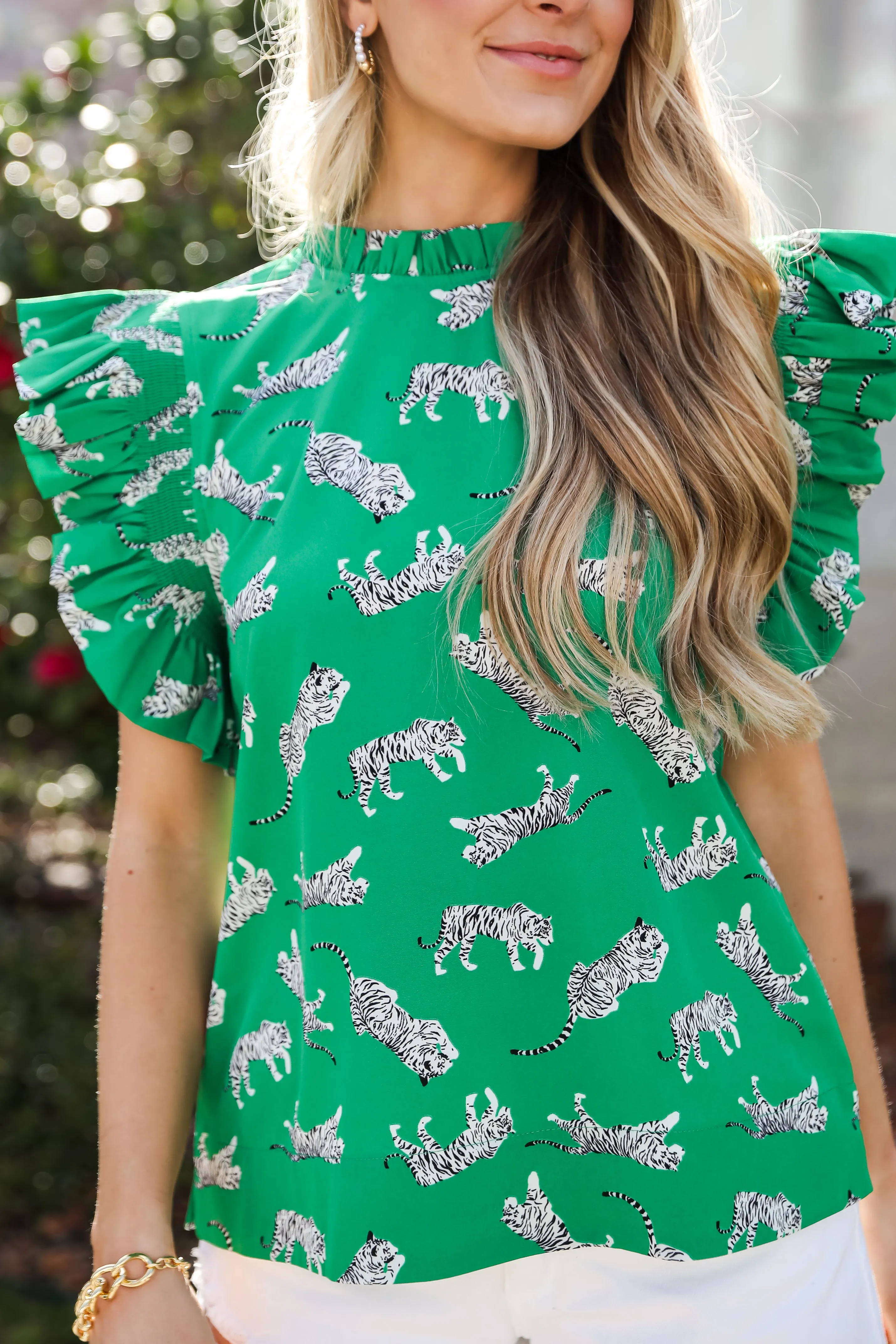 FINAL SALE - Untamed Cutie Tiger Print Ruffle Blouse