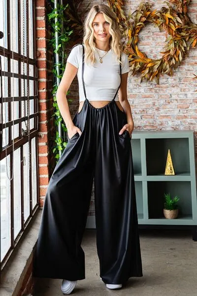 First Love Drawstring Back Spaghetti Strap Wide Leg Jumpsuit