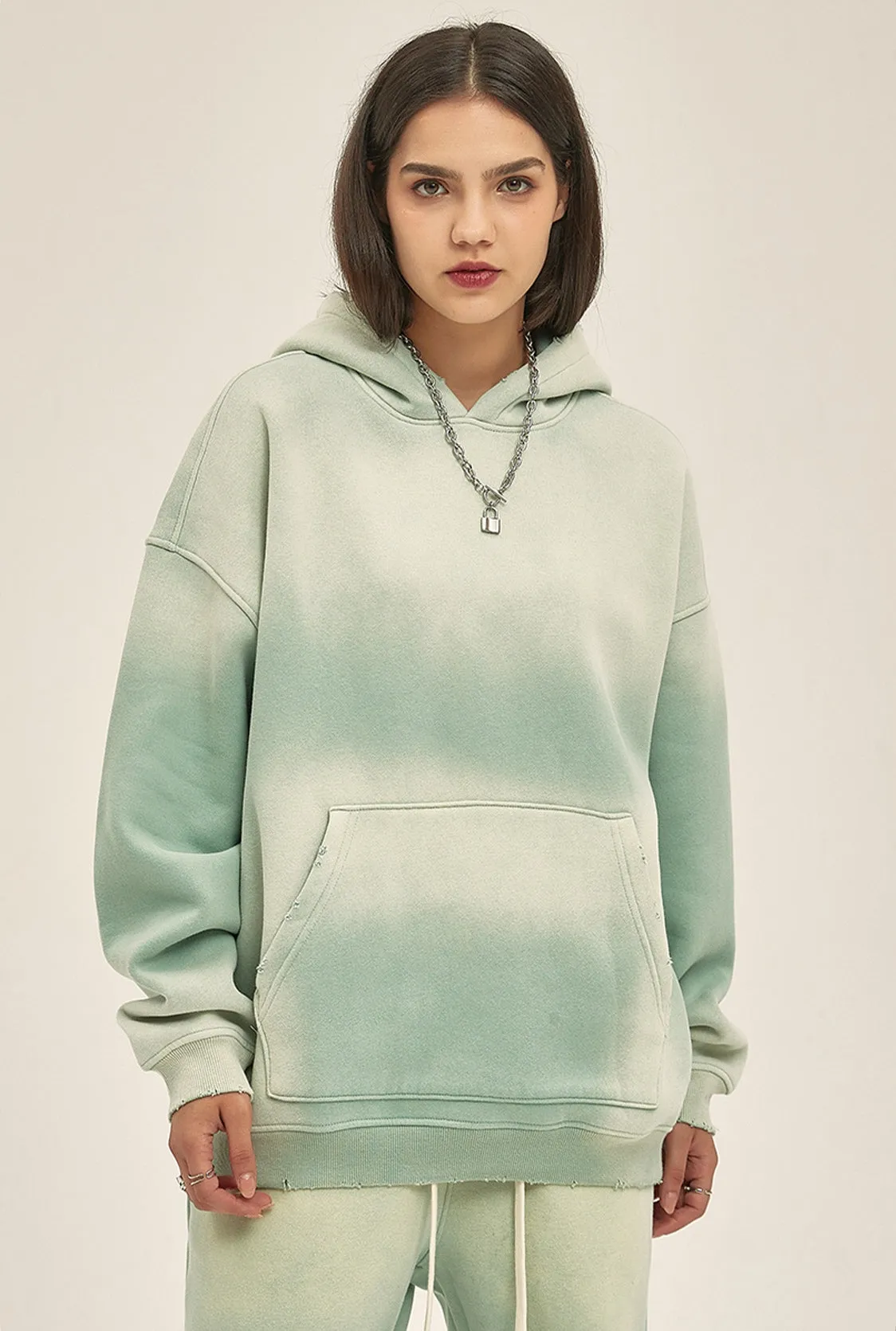Fleece Lining Spray-dye Damage Oversize Hoodie & Fleece Lining Sweatpants WN9969