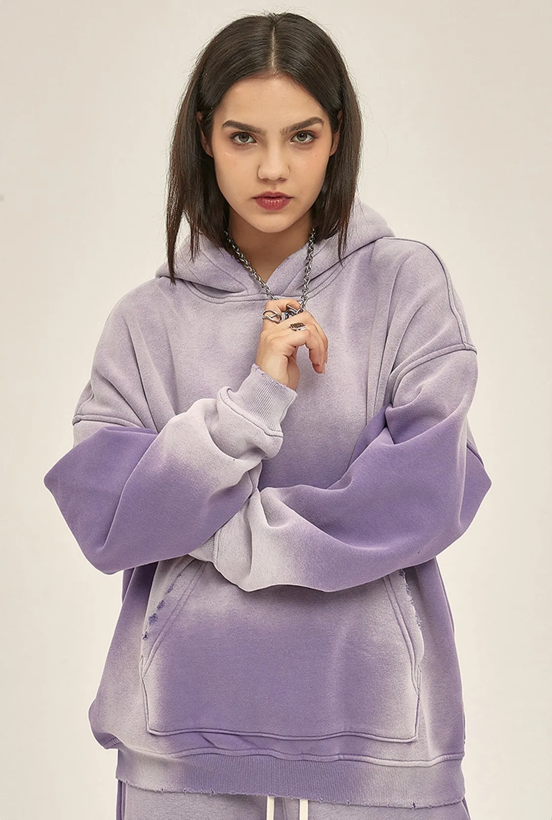 Fleece Lining Spray-dye Damage Oversize Hoodie & Fleece Lining Sweatpants WN9969