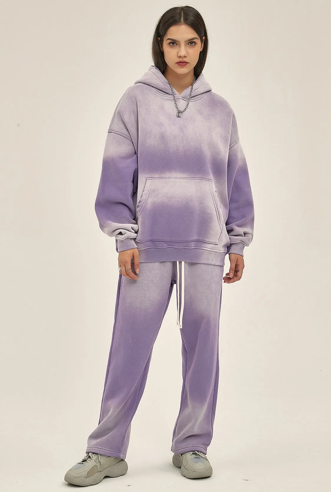 Fleece Lining Spray-dye Damage Oversize Hoodie & Fleece Lining Sweatpants WN9969