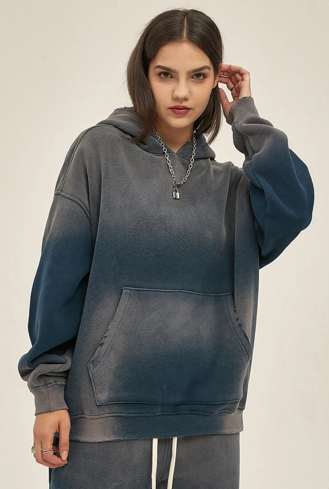 Fleece Lining Spray-dye Damage Oversize Hoodie & Fleece Lining Sweatpants WN9969