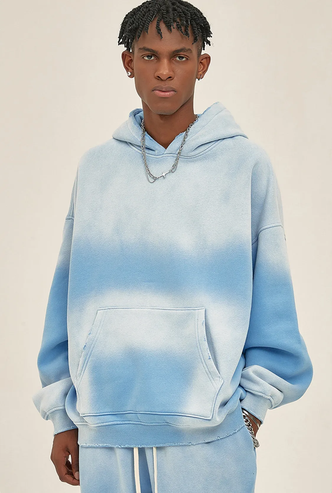 Fleece Lining Spray-dye Damage Oversize Hoodie & Fleece Lining Sweatpants WN9969