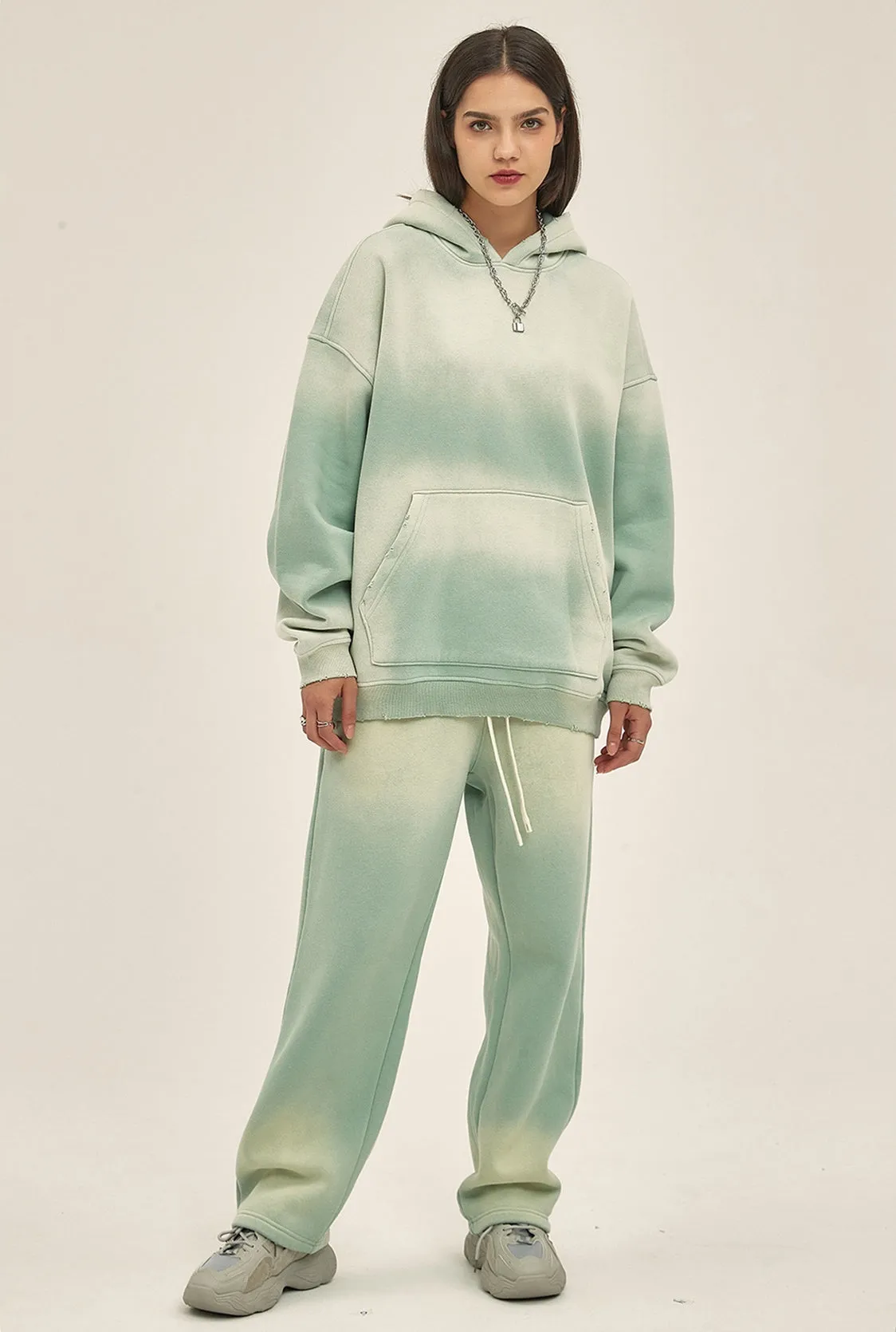 Fleece Lining Spray-dye Damage Oversize Hoodie & Fleece Lining Sweatpants WN9969