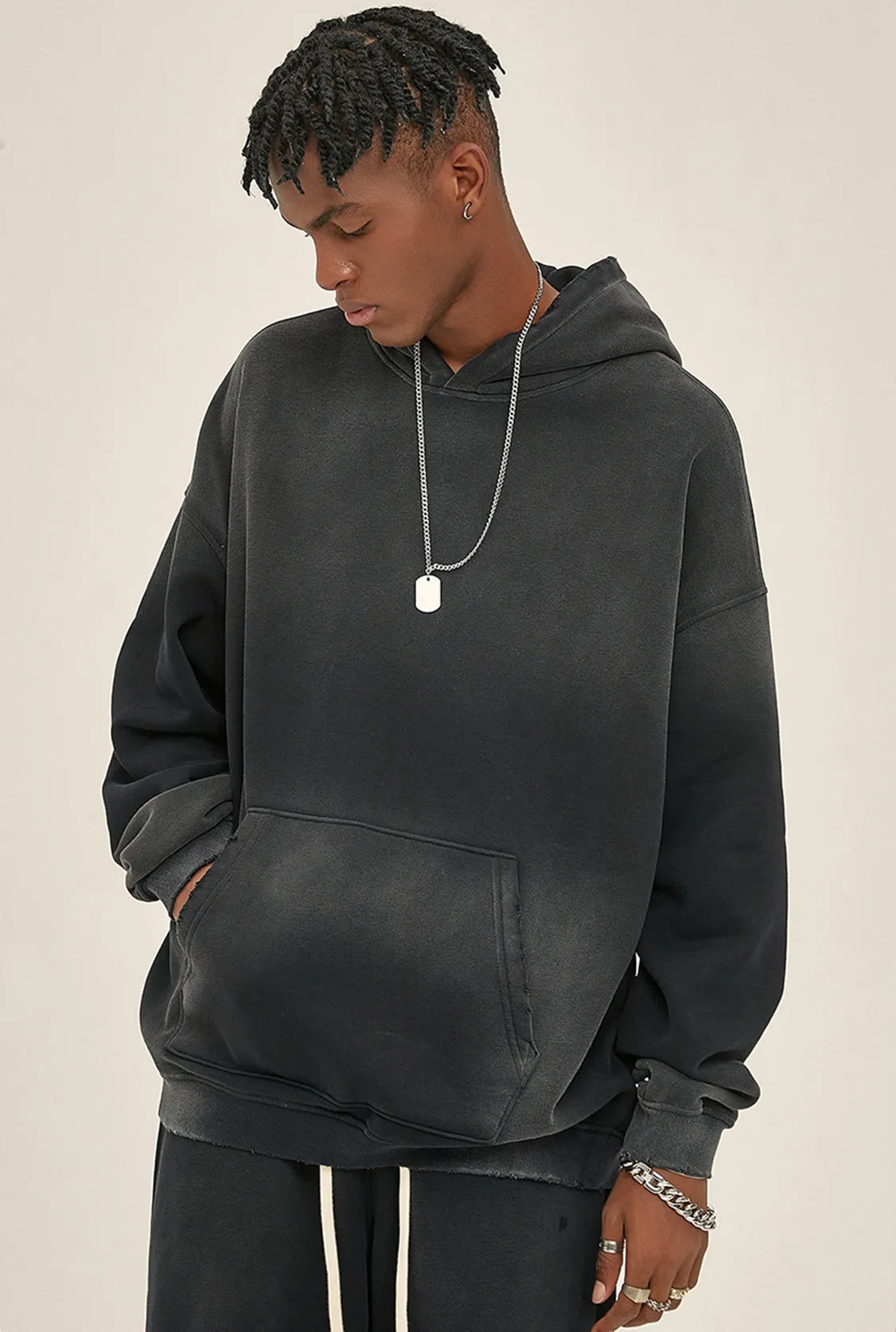 Fleece Lining Spray-dye Damage Oversize Hoodie & Fleece Lining Sweatpants WN9969