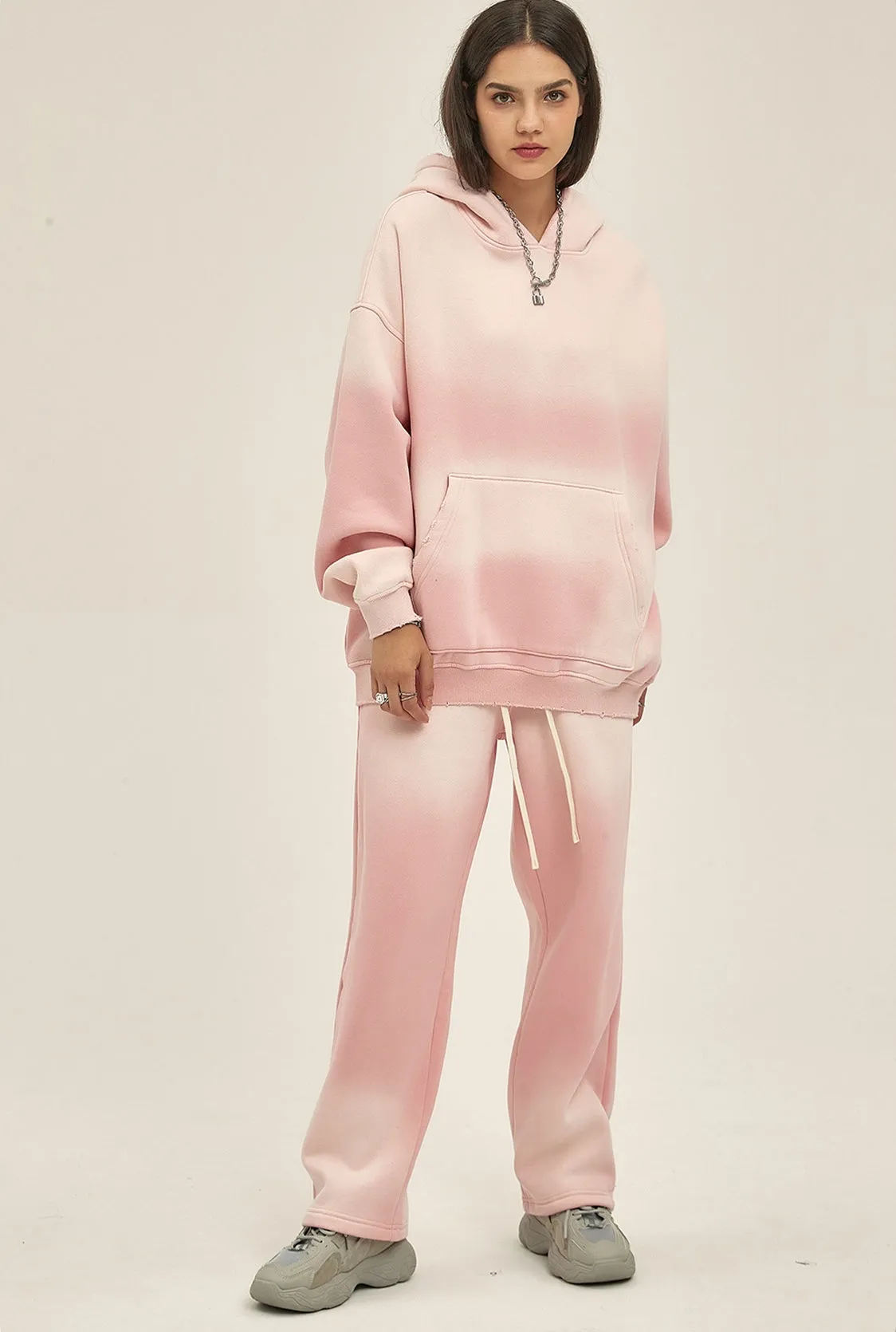 Fleece Lining Spray-dye Damage Oversize Hoodie & Fleece Lining Sweatpants WN9969