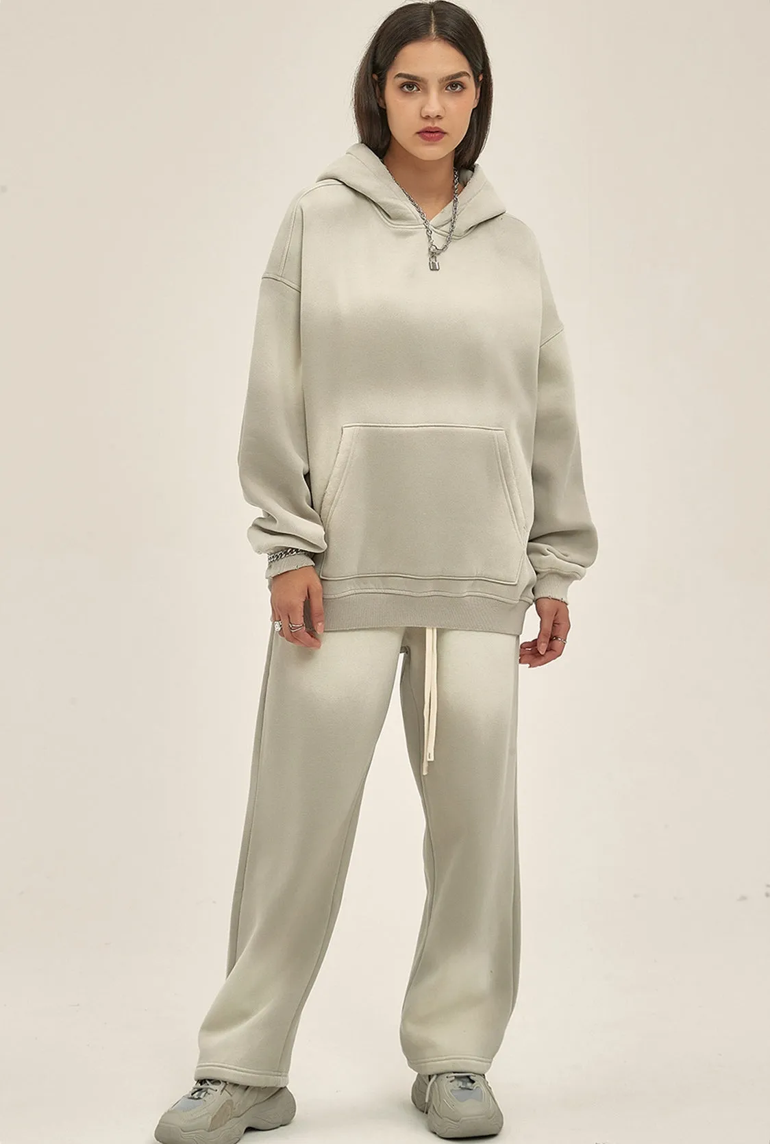 Fleece Lining Spray-dye Damage Oversize Hoodie & Fleece Lining Sweatpants WN9969