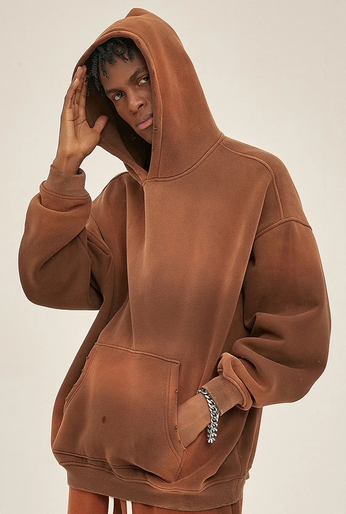 Fleece Lining Spray-dye Damage Oversize Hoodie & Fleece Lining Sweatpants WN9969