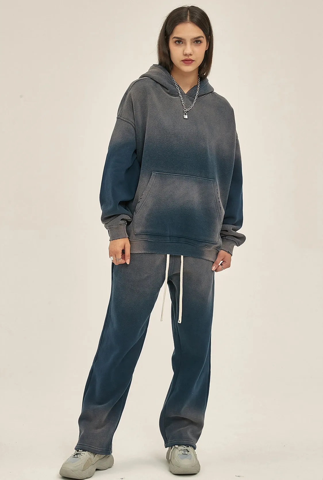 Fleece Lining Spray-dye Damage Oversize Hoodie & Fleece Lining Sweatpants WN9969
