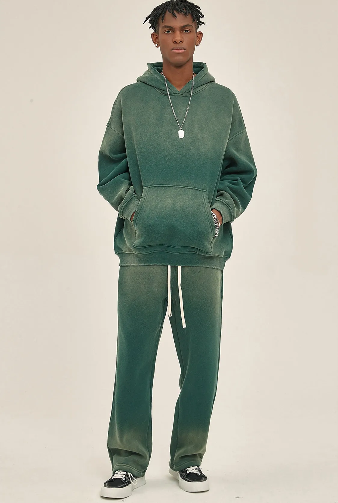 Fleece Lining Spray-dye Damage Oversize Hoodie & Fleece Lining Sweatpants WN9969