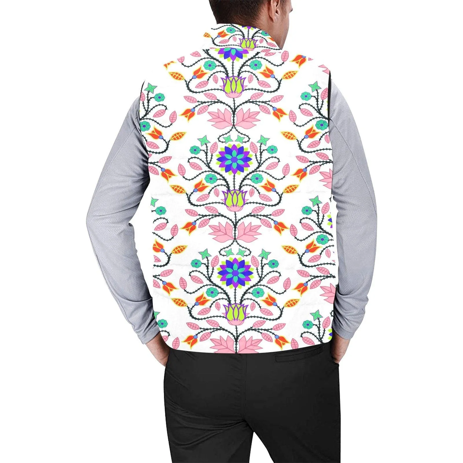 Floral Beadwork Four Clans White Men's Padded Vest Jacket
