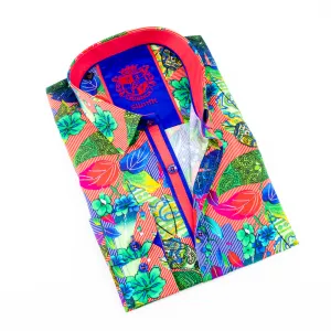 Floral Button Down Print Shirt W/Solid Trim