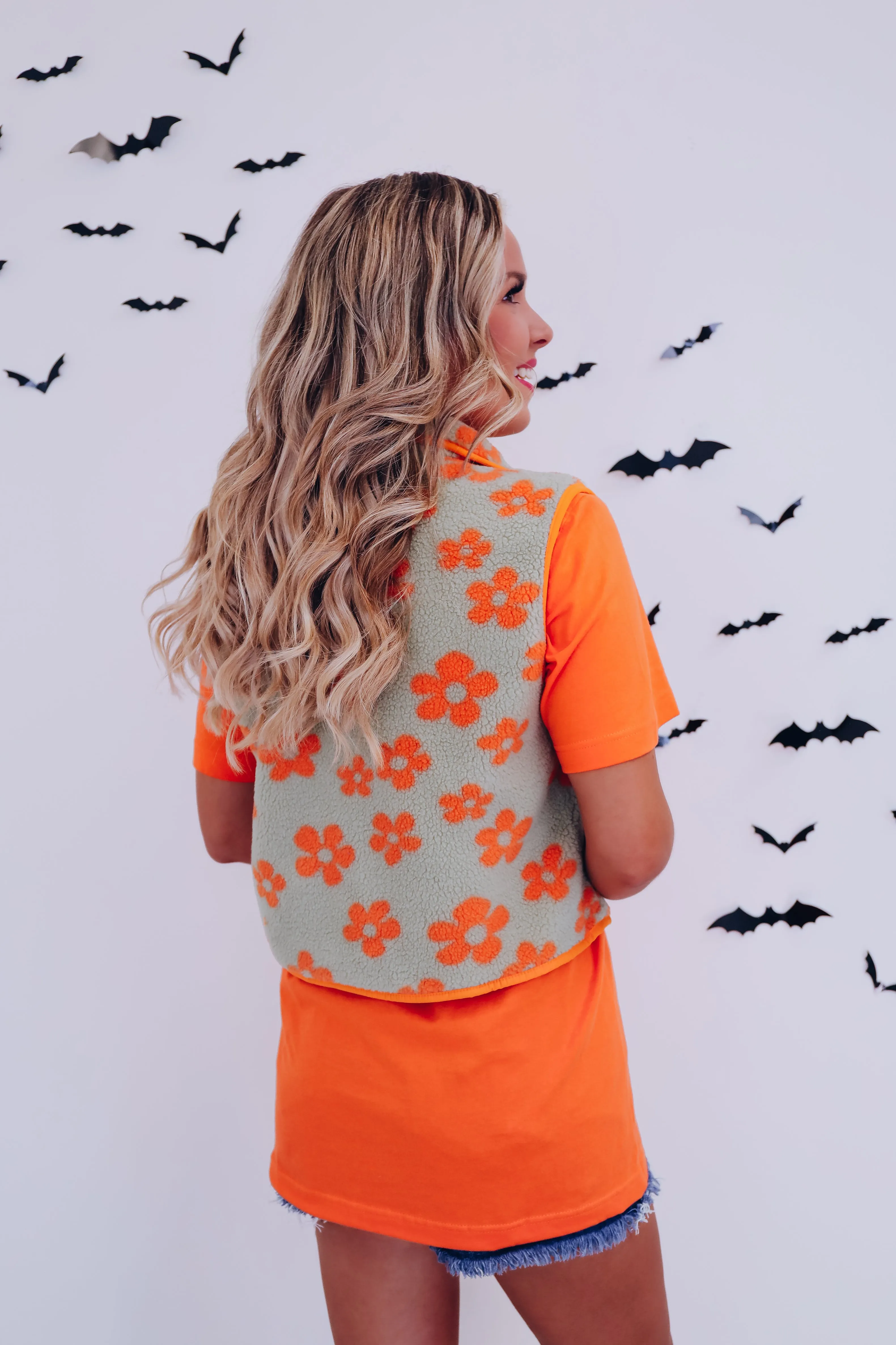 Floral Flair Sherpa Vest - Orange