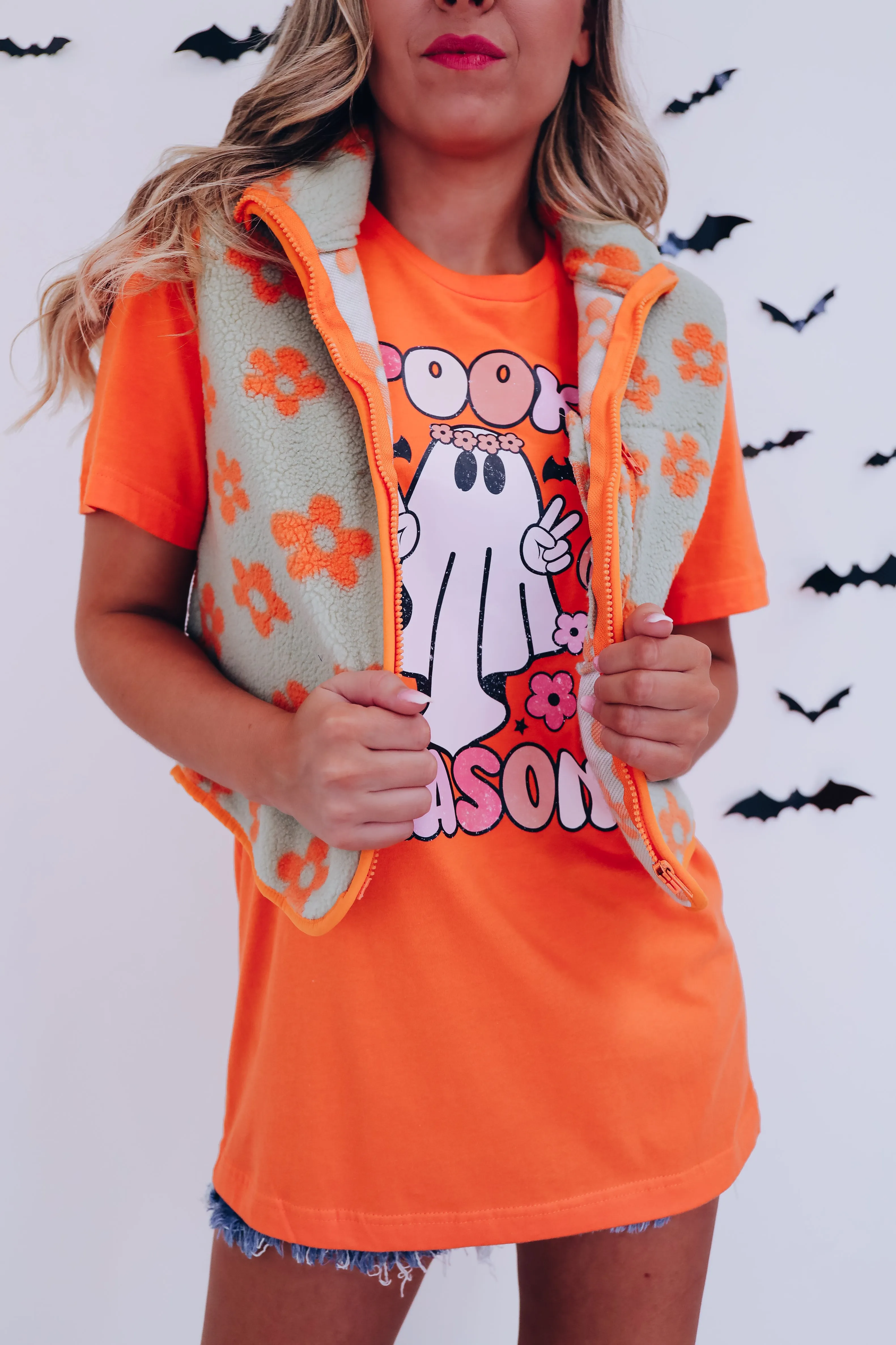Floral Flair Sherpa Vest - Orange