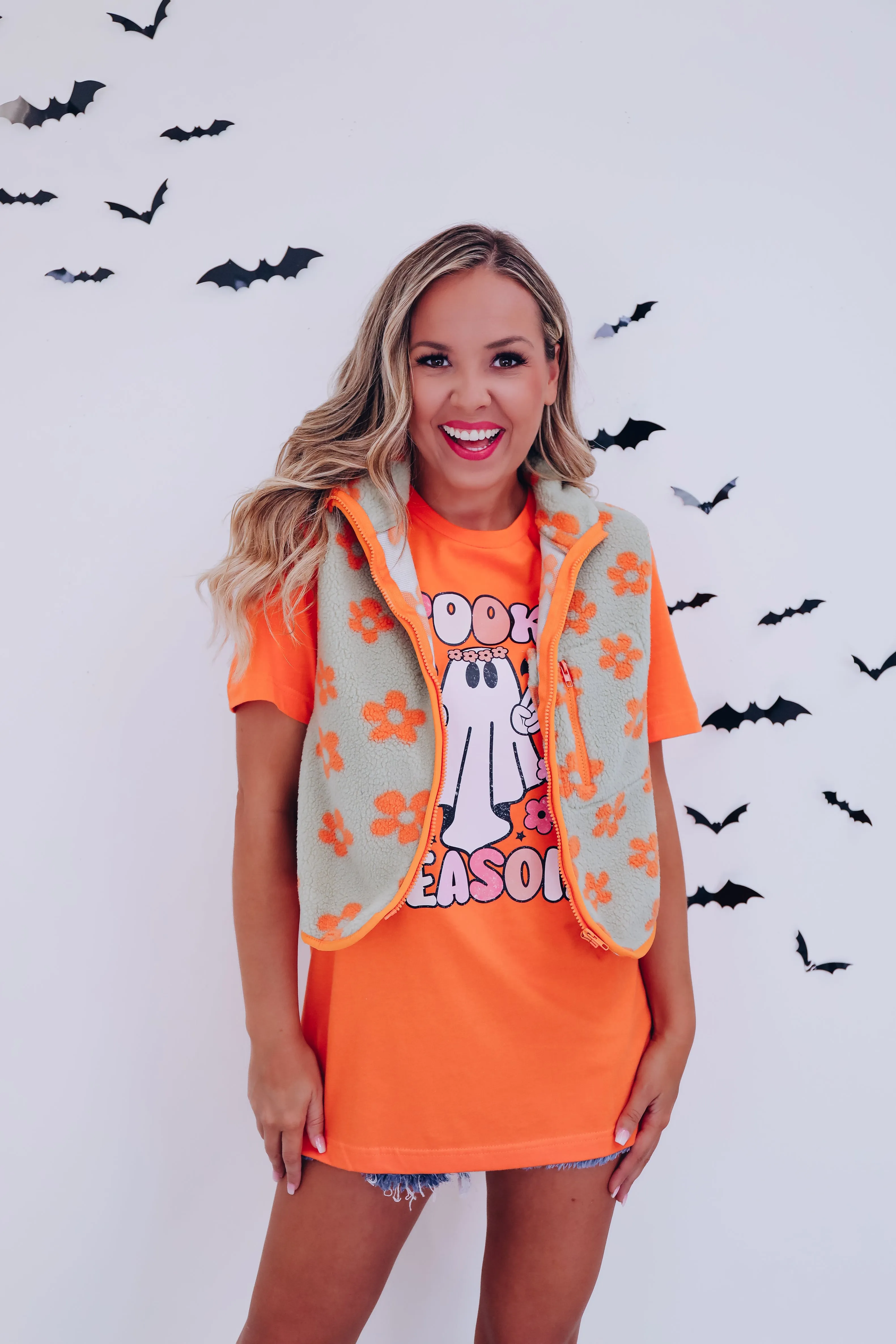 Floral Flair Sherpa Vest - Orange