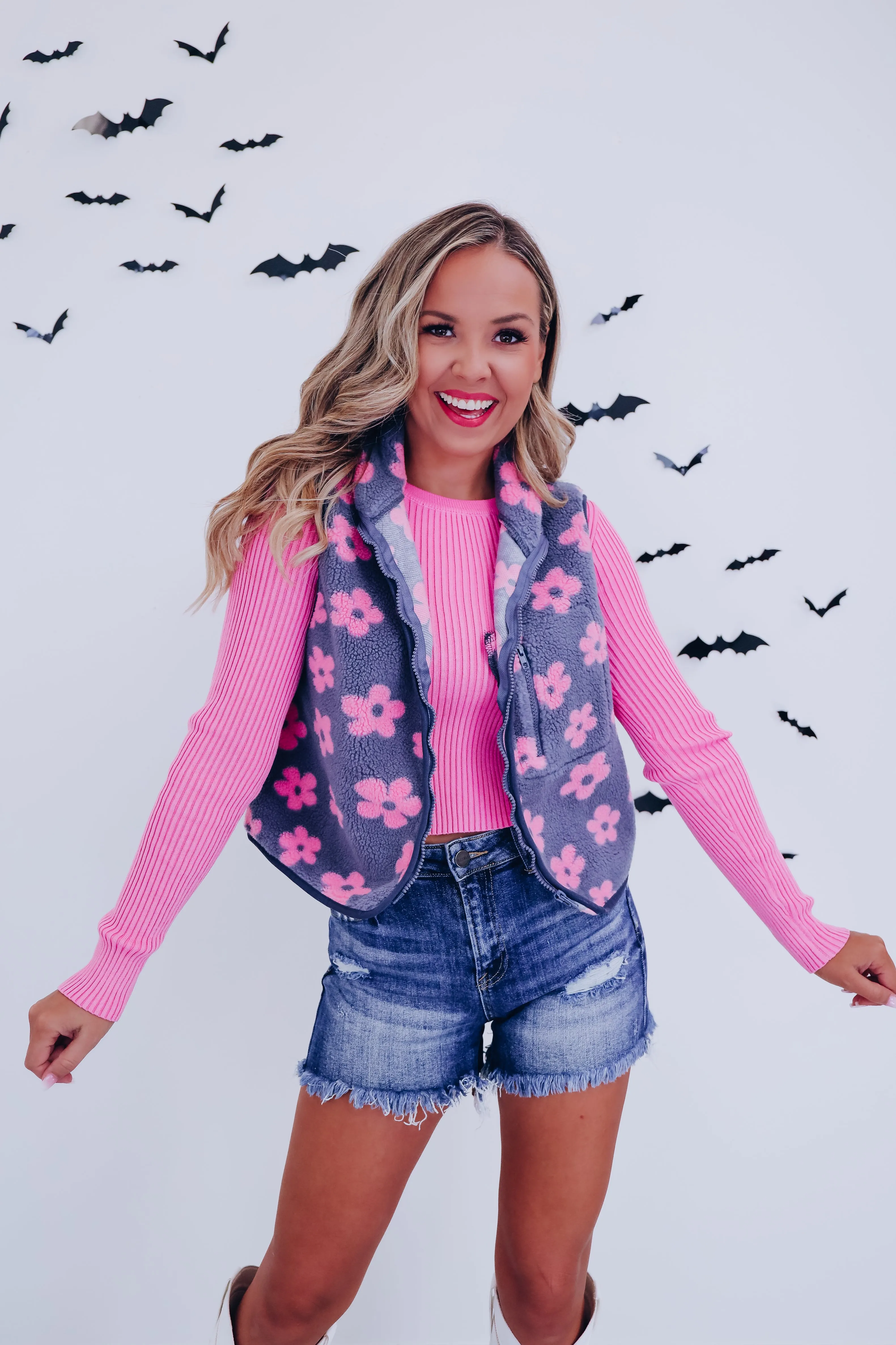 Floral Flair Sherpa Vest - Pink