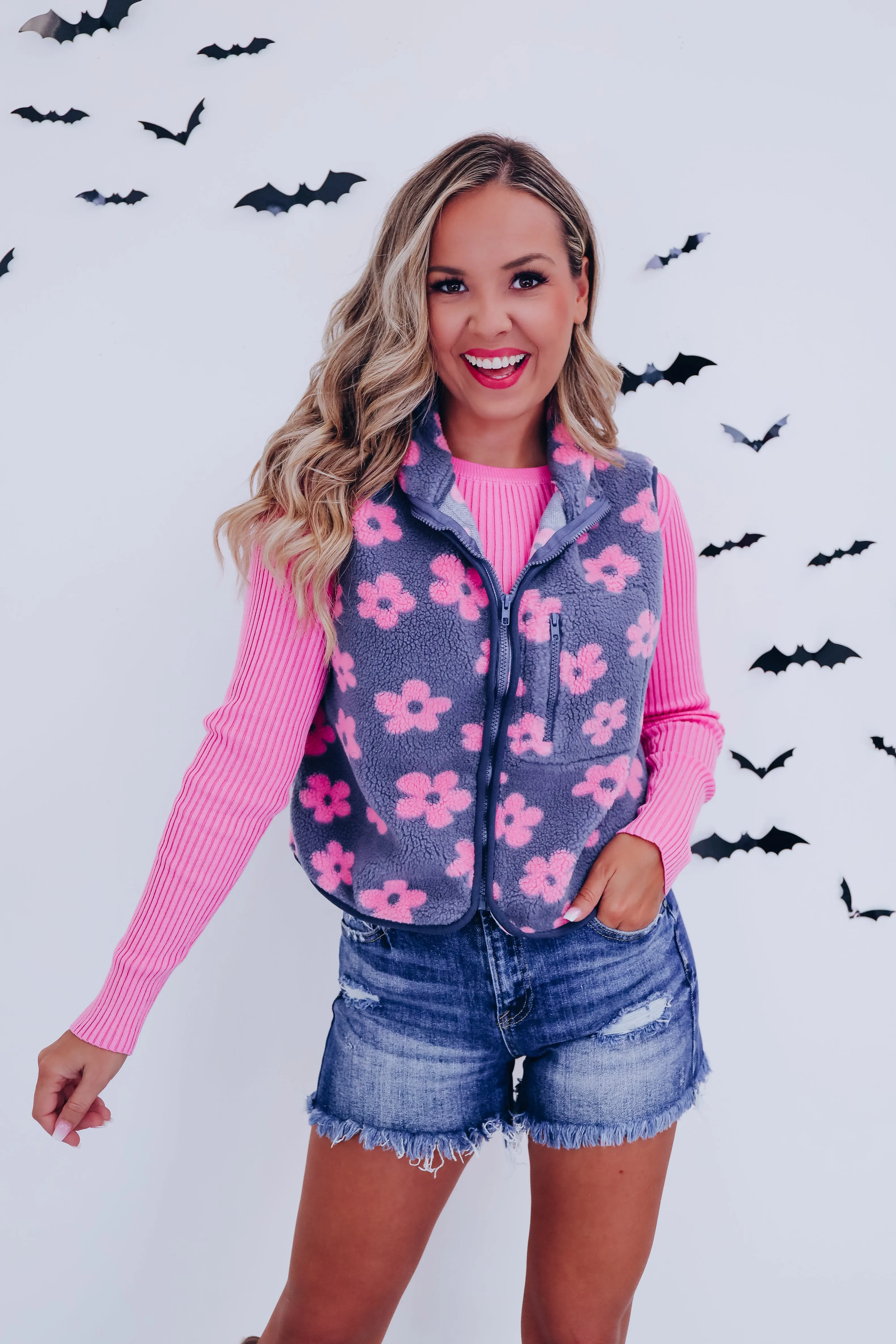 Floral Flair Sherpa Vest - Pink