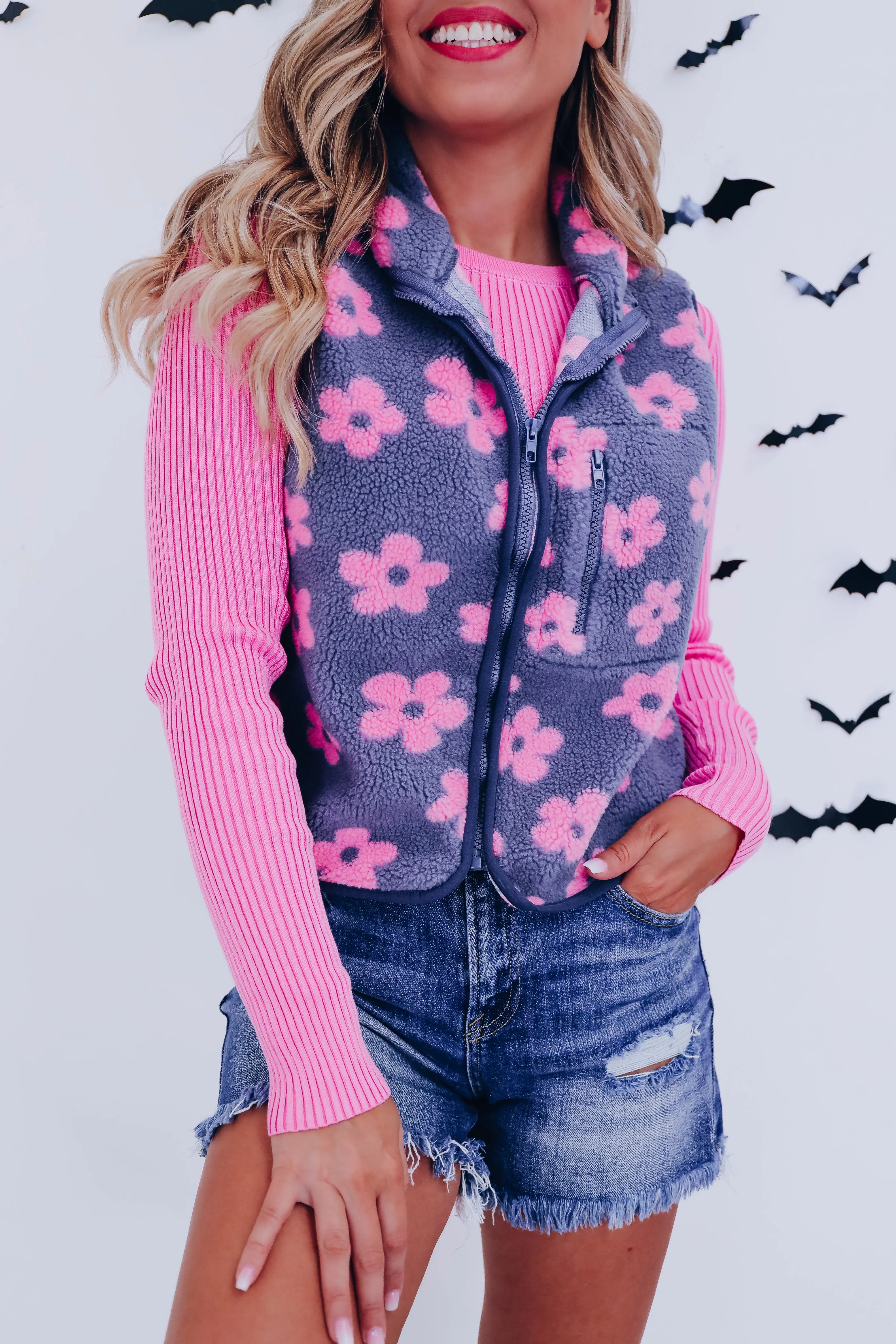 Floral Flair Sherpa Vest - Pink