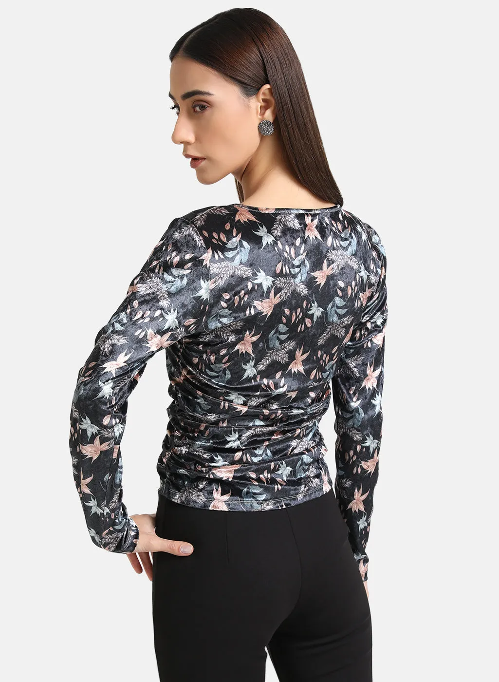 Floral Printed Velvet Ruched Top