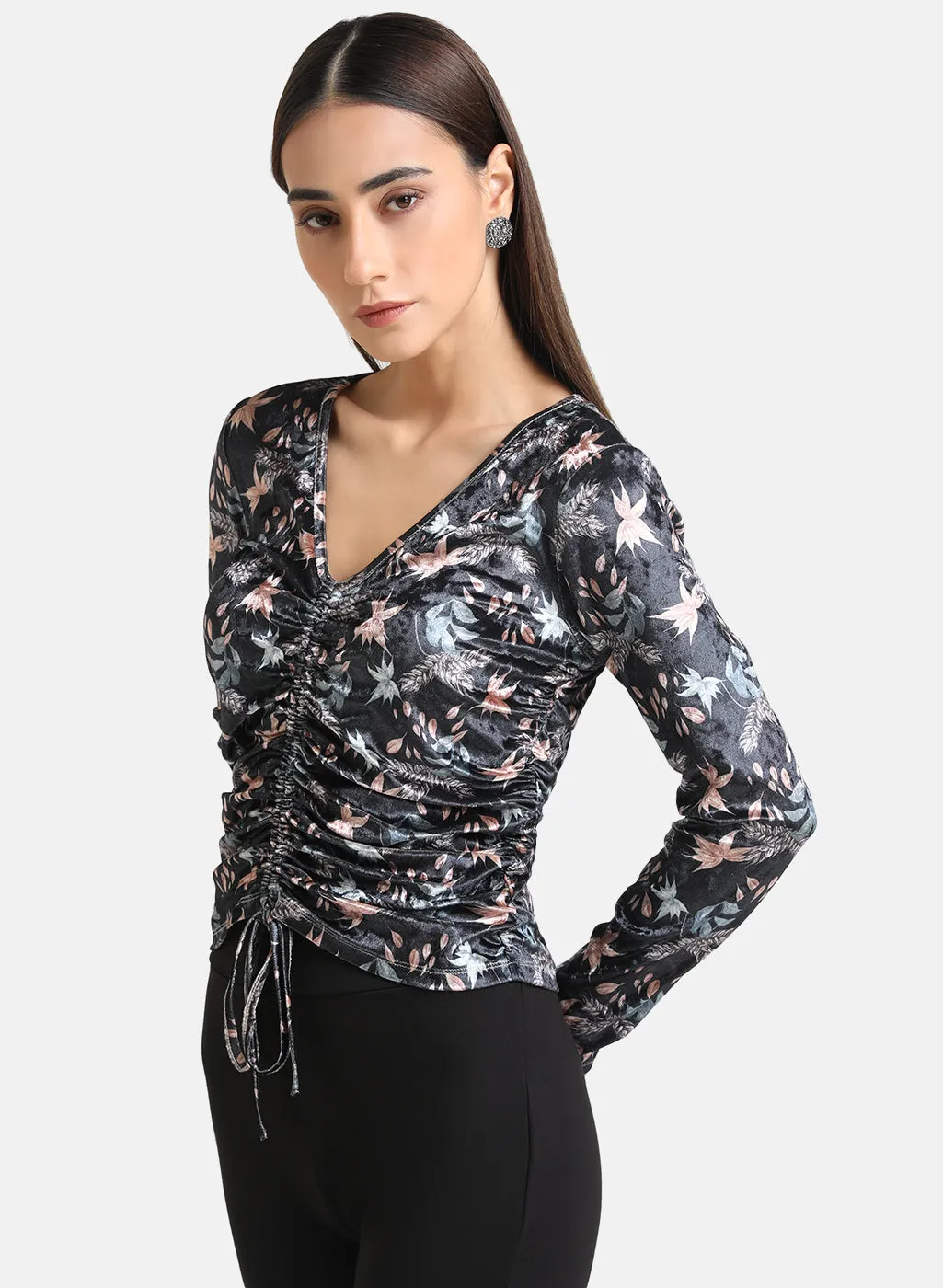 Floral Printed Velvet Ruched Top