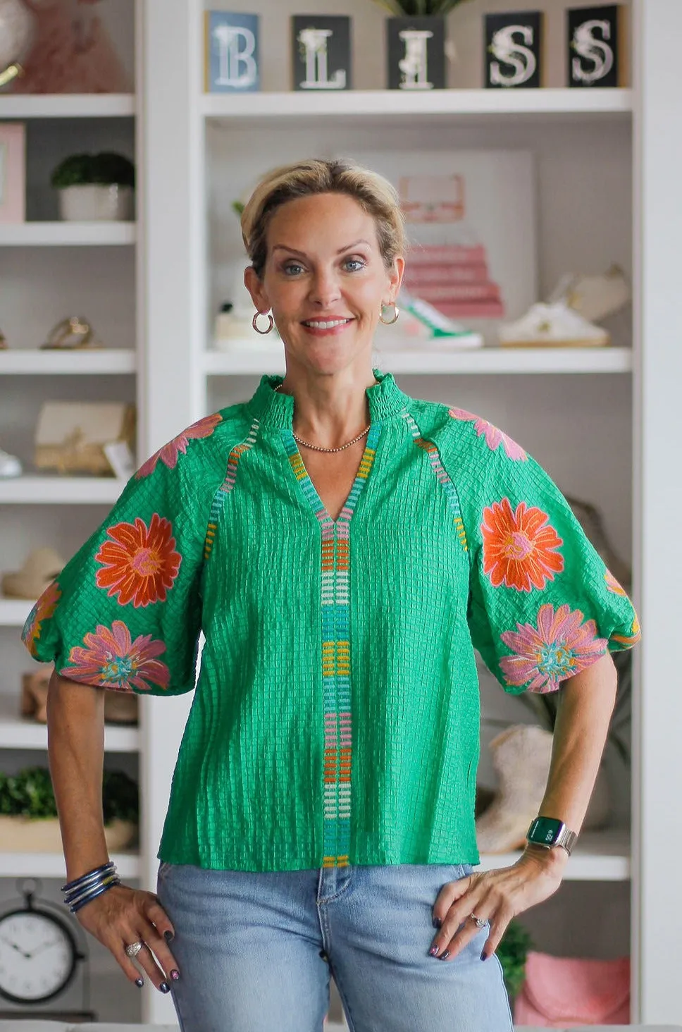 Flowered Green Puff Sleeve Top