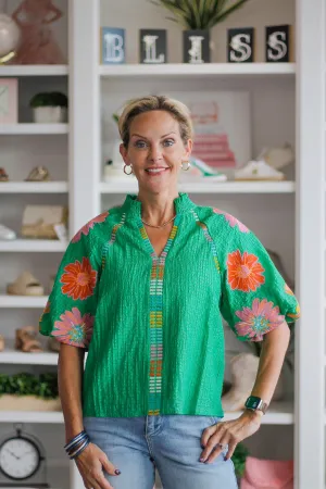 Flowered Green Puff Sleeve Top