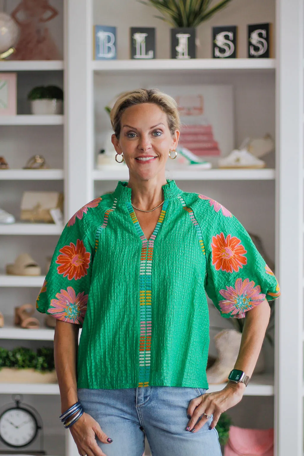 Flowered Green Puff Sleeve Top