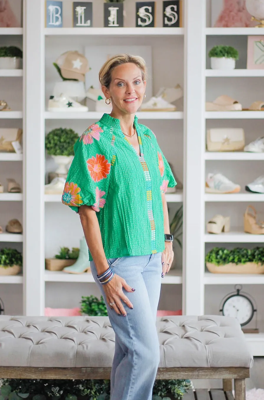 Flowered Green Puff Sleeve Top