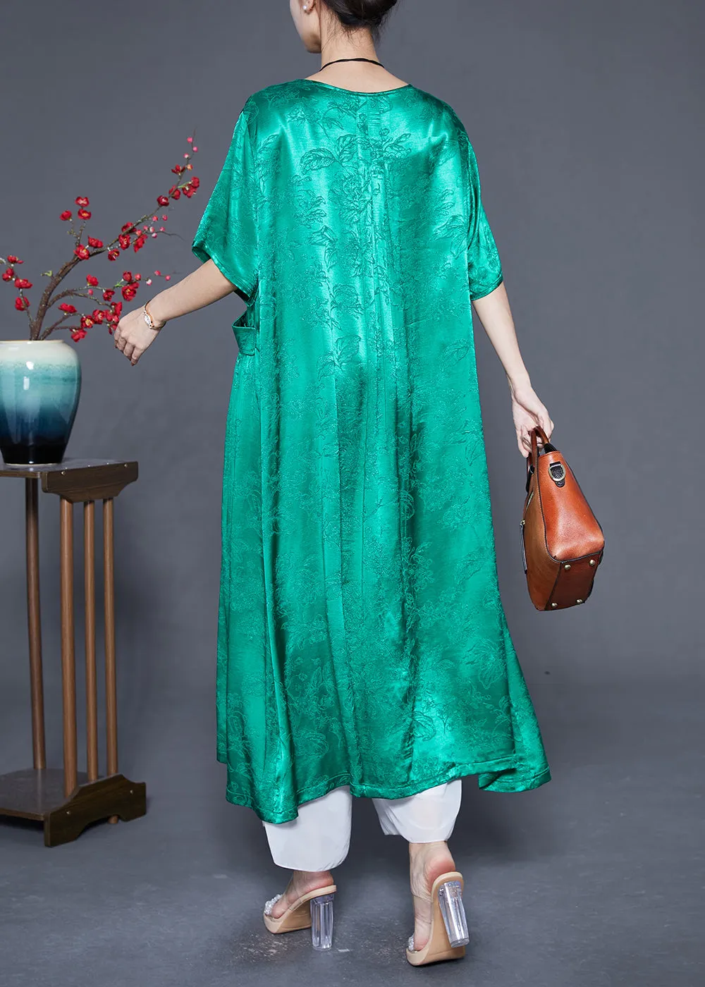 Fluorescent Green Silk Maxi Dresses O-Neck Pockets Summer LY6540