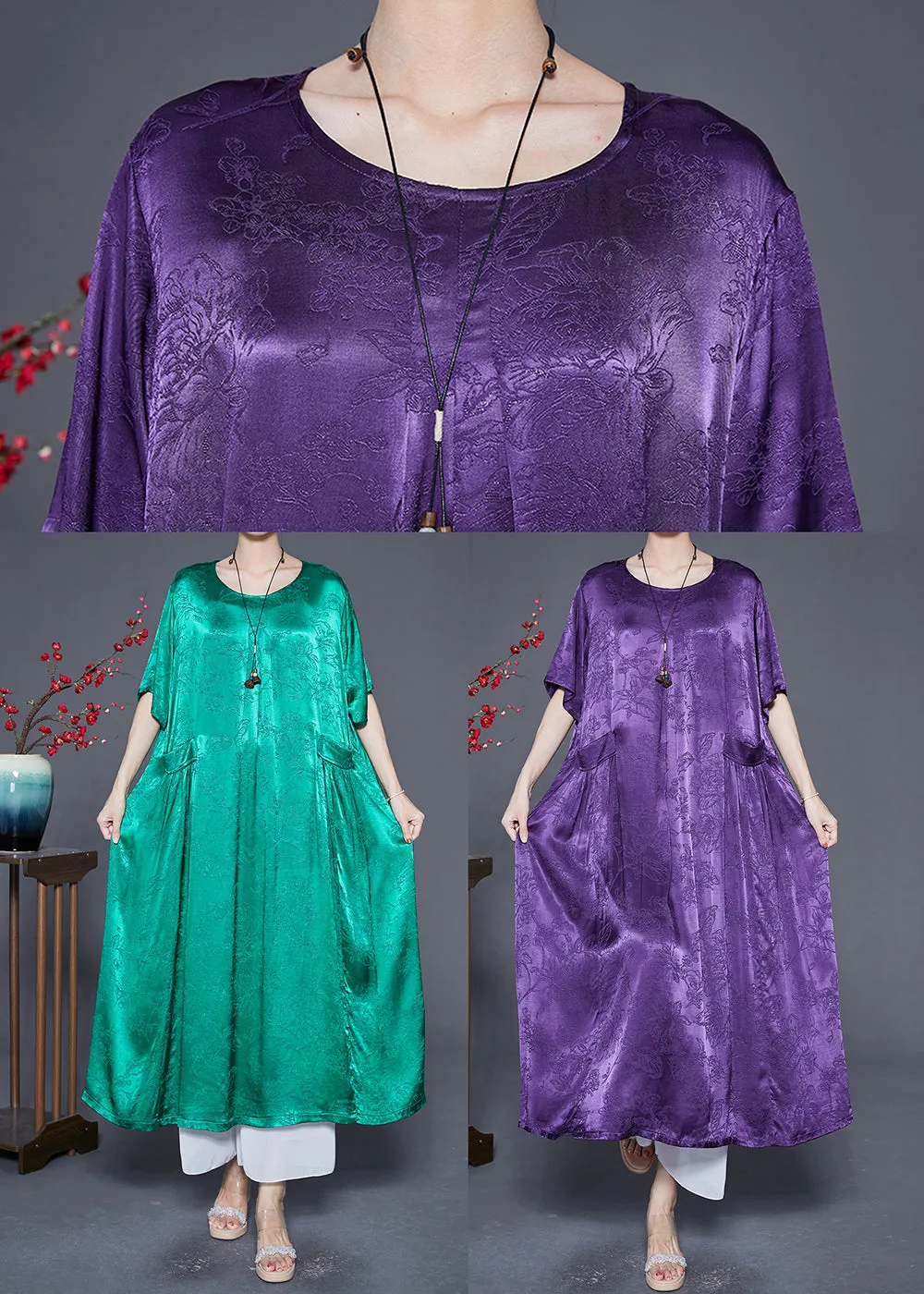 Fluorescent Green Silk Maxi Dresses O-Neck Pockets Summer LY6540