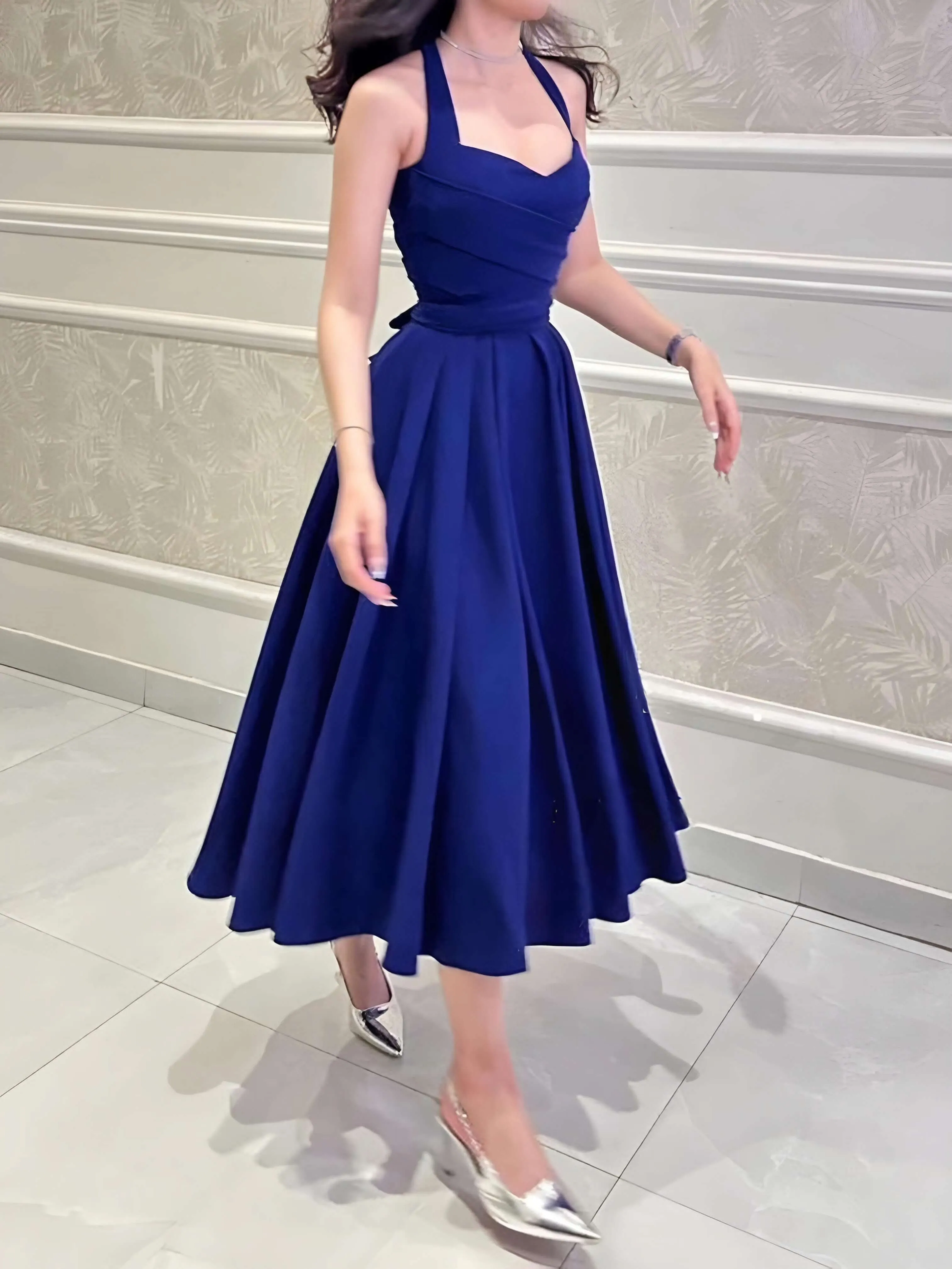 Flytonn- Blue Halter Neck Flare Dress