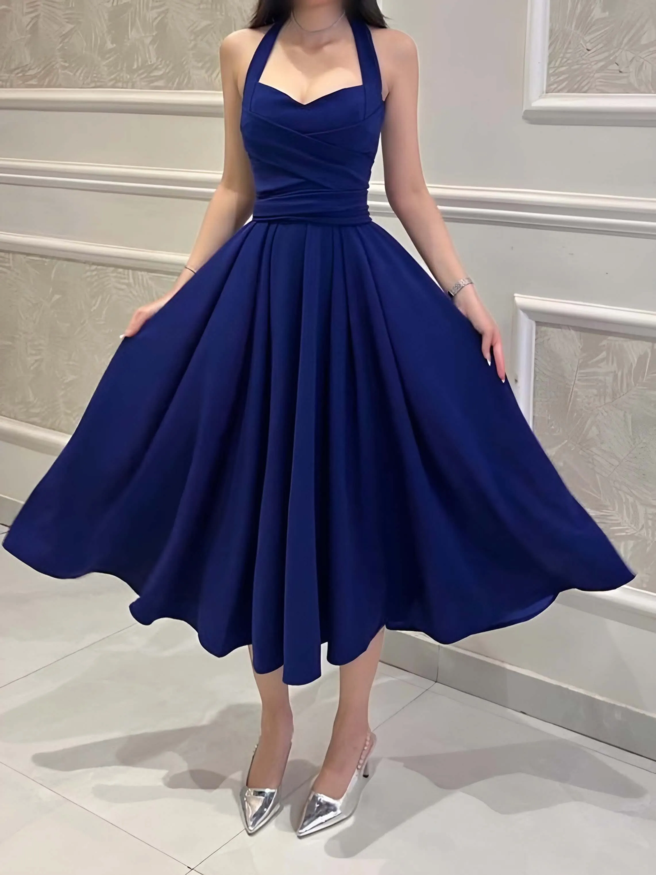 Flytonn- Blue Halter Neck Flare Dress