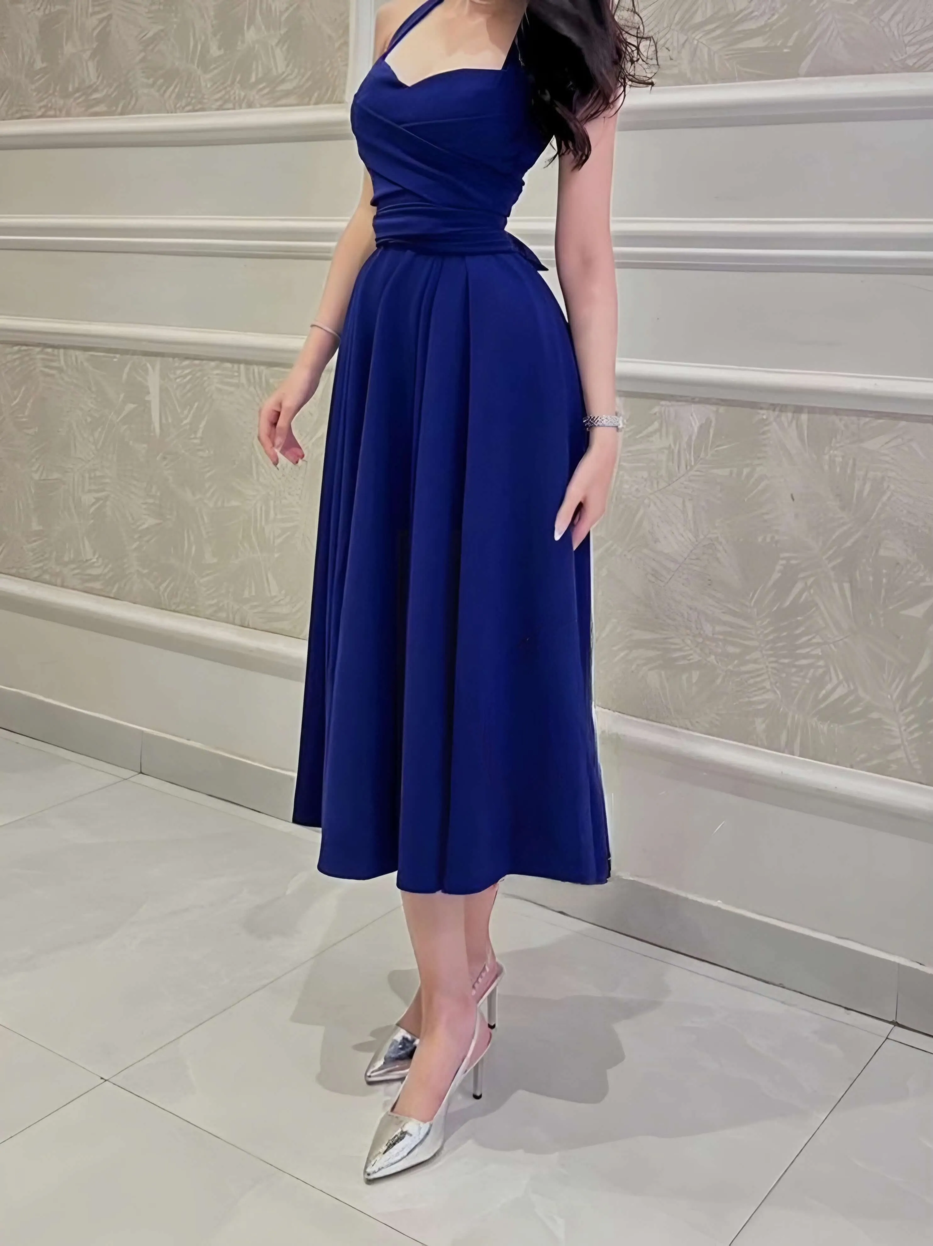 Flytonn- Blue Halter Neck Flare Dress