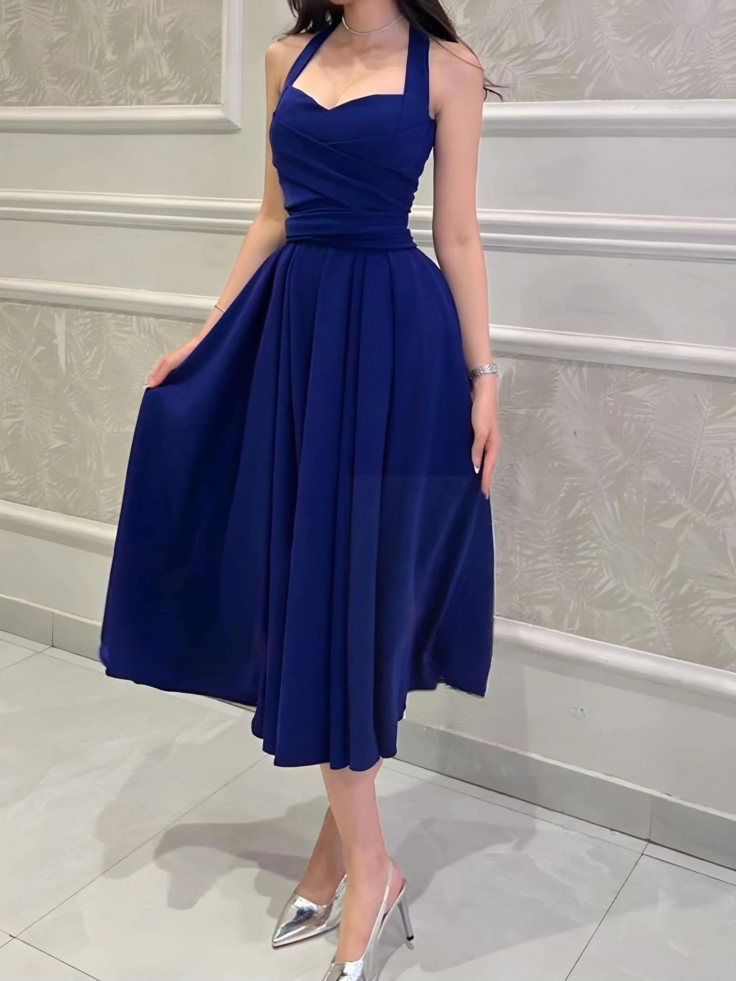 Flytonn- Blue Halter Neck Flare Dress