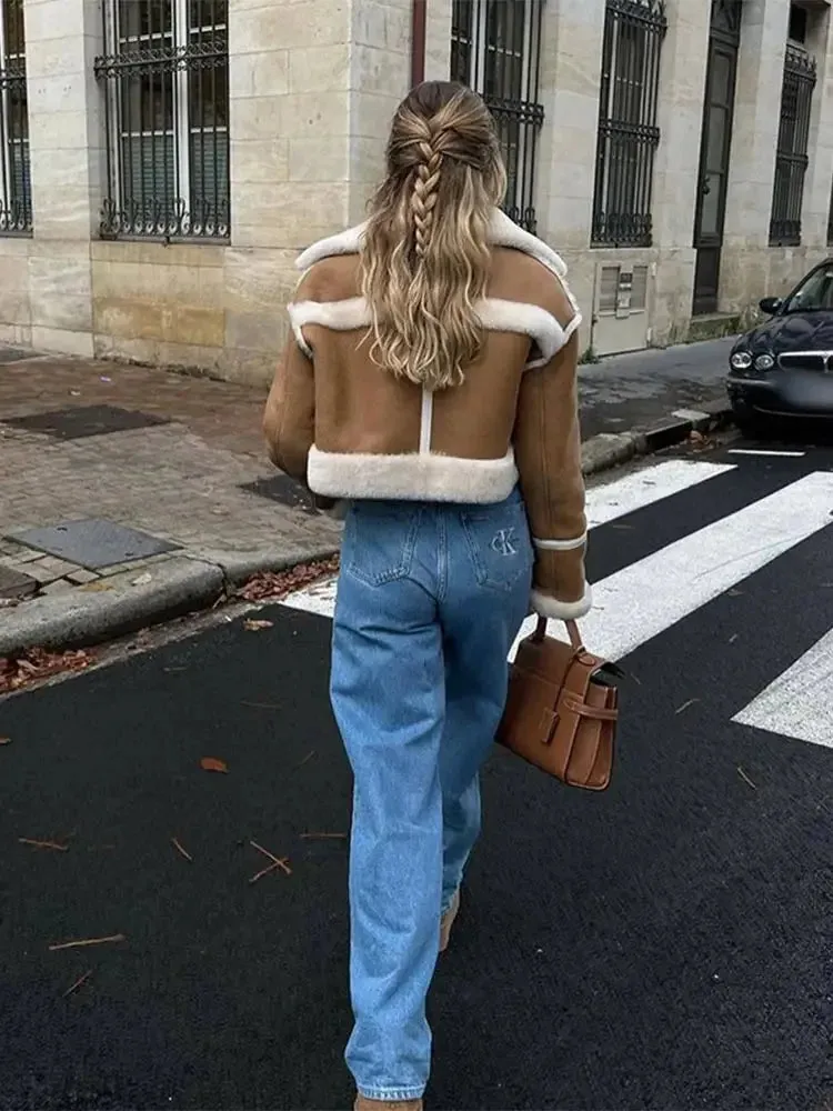 Flytonn-Fashion Lamb Wool Patchwork Fur One-piece Coat Women Casual Lapel Long Sleeves Thickened Jacket 2024 New Lady Warm Outerwear