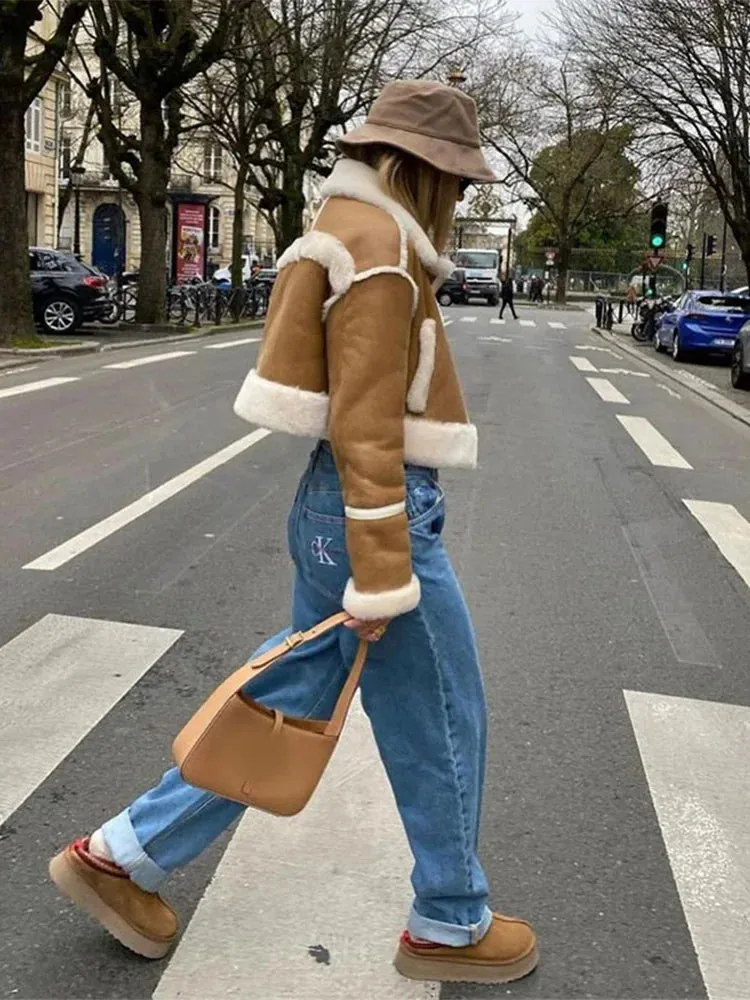 Flytonn-Fashion Lamb Wool Patchwork Fur One-piece Coat Women Casual Lapel Long Sleeves Thickened Jacket 2024 New Lady Warm Outerwear