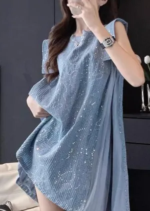 FLYTONN- French Blue Tulle Patchwork Sequins Mid Dress Summer UU1056