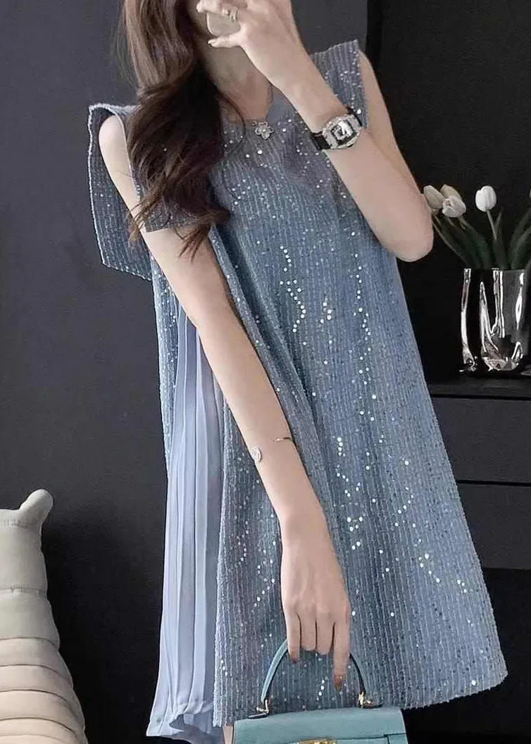 FLYTONN- French Blue Tulle Patchwork Sequins Mid Dress Summer UU1056