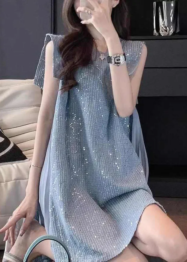 FLYTONN- French Blue Tulle Patchwork Sequins Mid Dress Summer UU1056