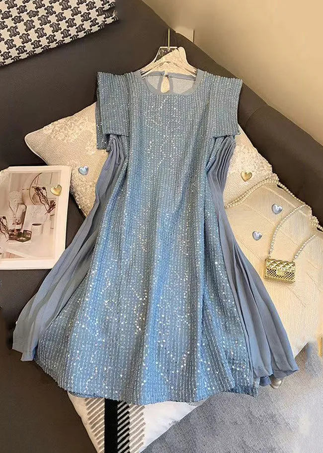 FLYTONN- French Blue Tulle Patchwork Sequins Mid Dress Summer UU1056