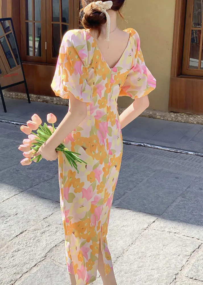 FLYTONN- French V Neck Print Side Open Cotton Long Dress Summer XX050